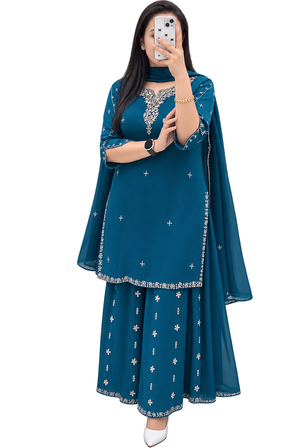 Women Powder Blue Hand-Embroidered Chanderi Kurti