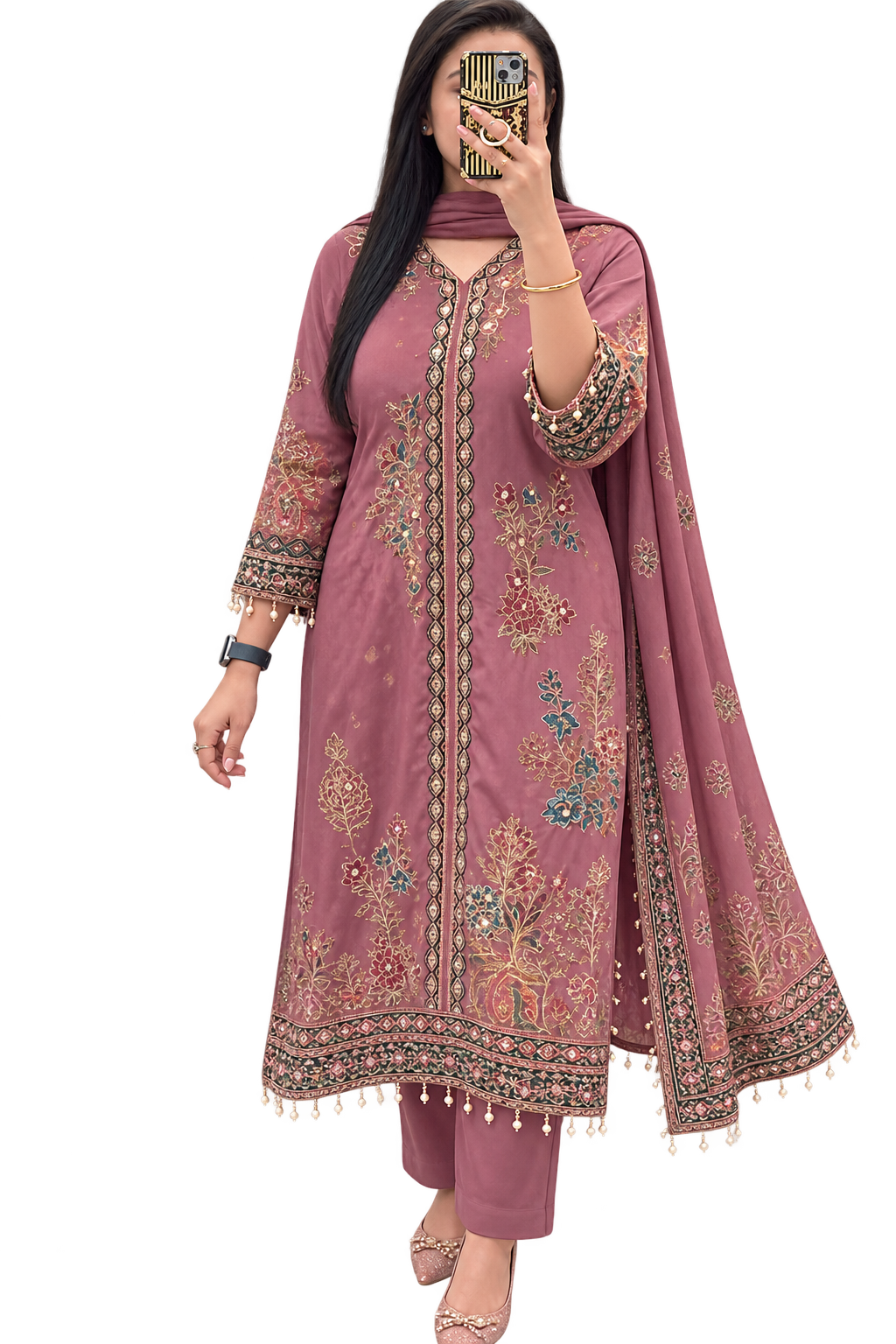 Women Chanderi Green Embroidered Kurta Set
